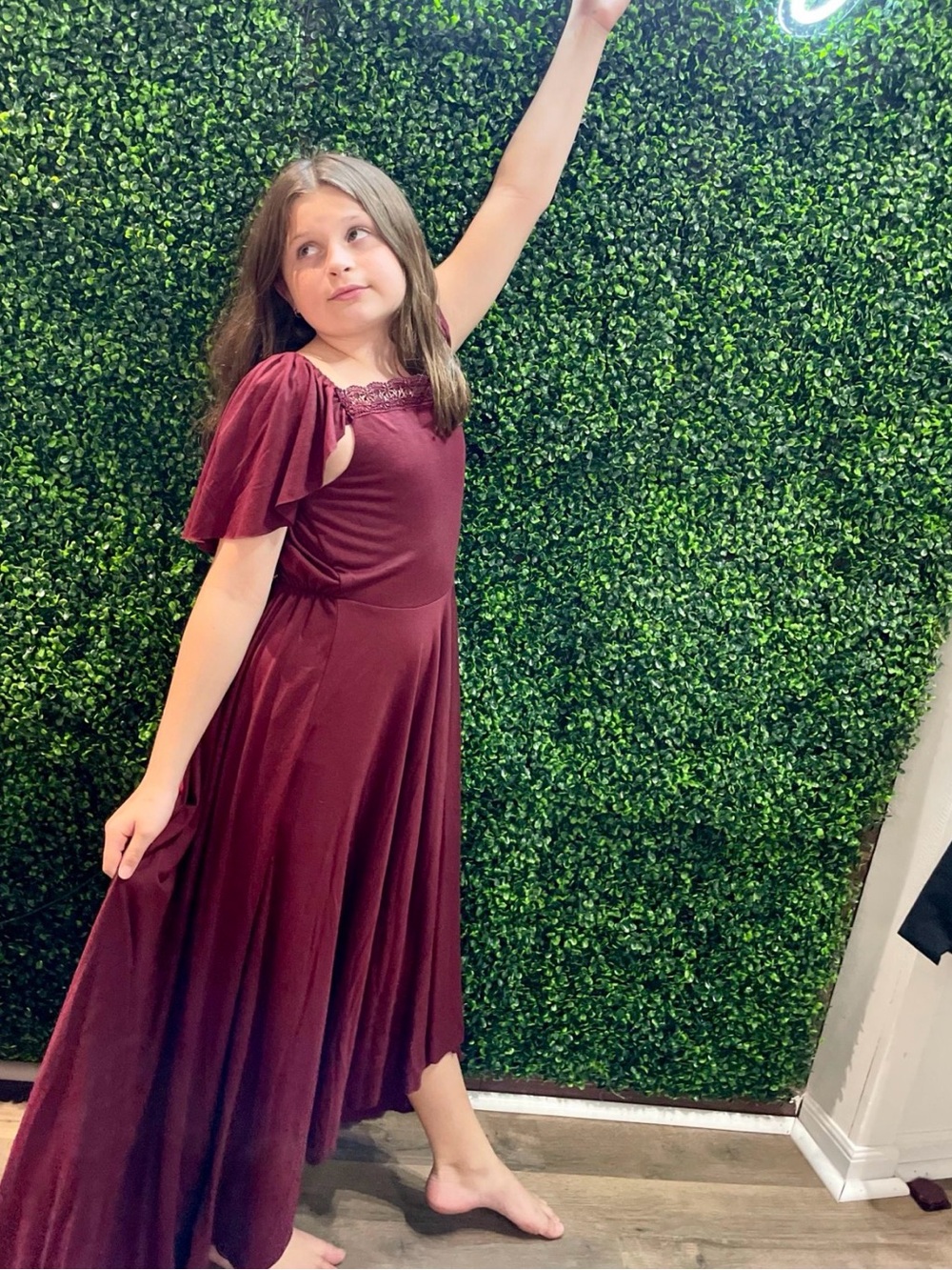 Kids Joyfolie Girls' Burgundy Lace-Trim Flutter Sleeve Formal Dress
